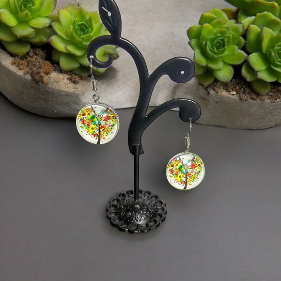 Boutique new multicolor double sided dome Tree of Life heart earrings - Picture 6 of 6